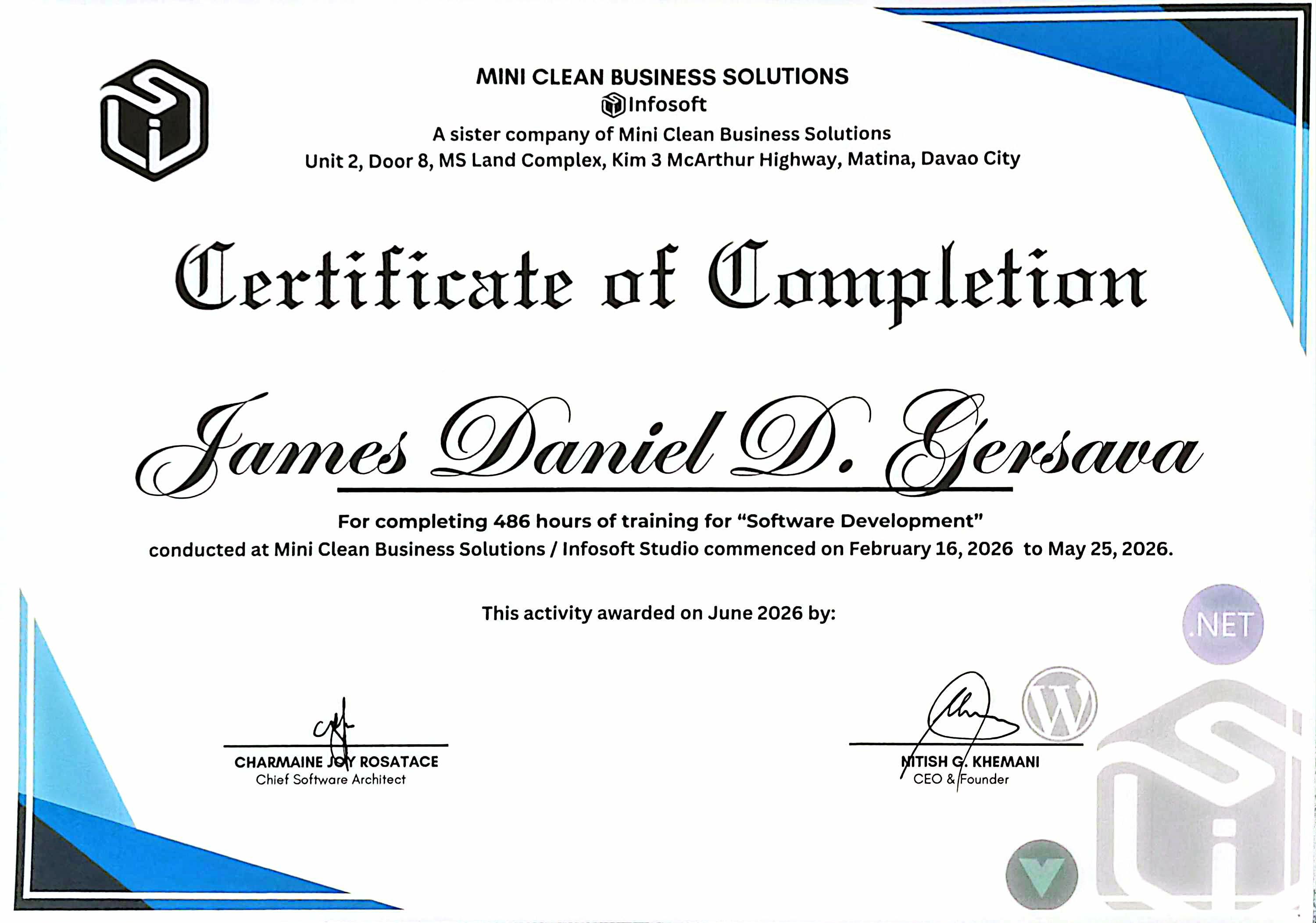 Certificate: Software Development Training (486 Hours)